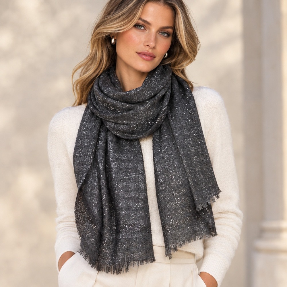 Eileen Fisher Charcoal Grey Silver Metallic Wool Fringe Scarf Shawl Wrap O/S